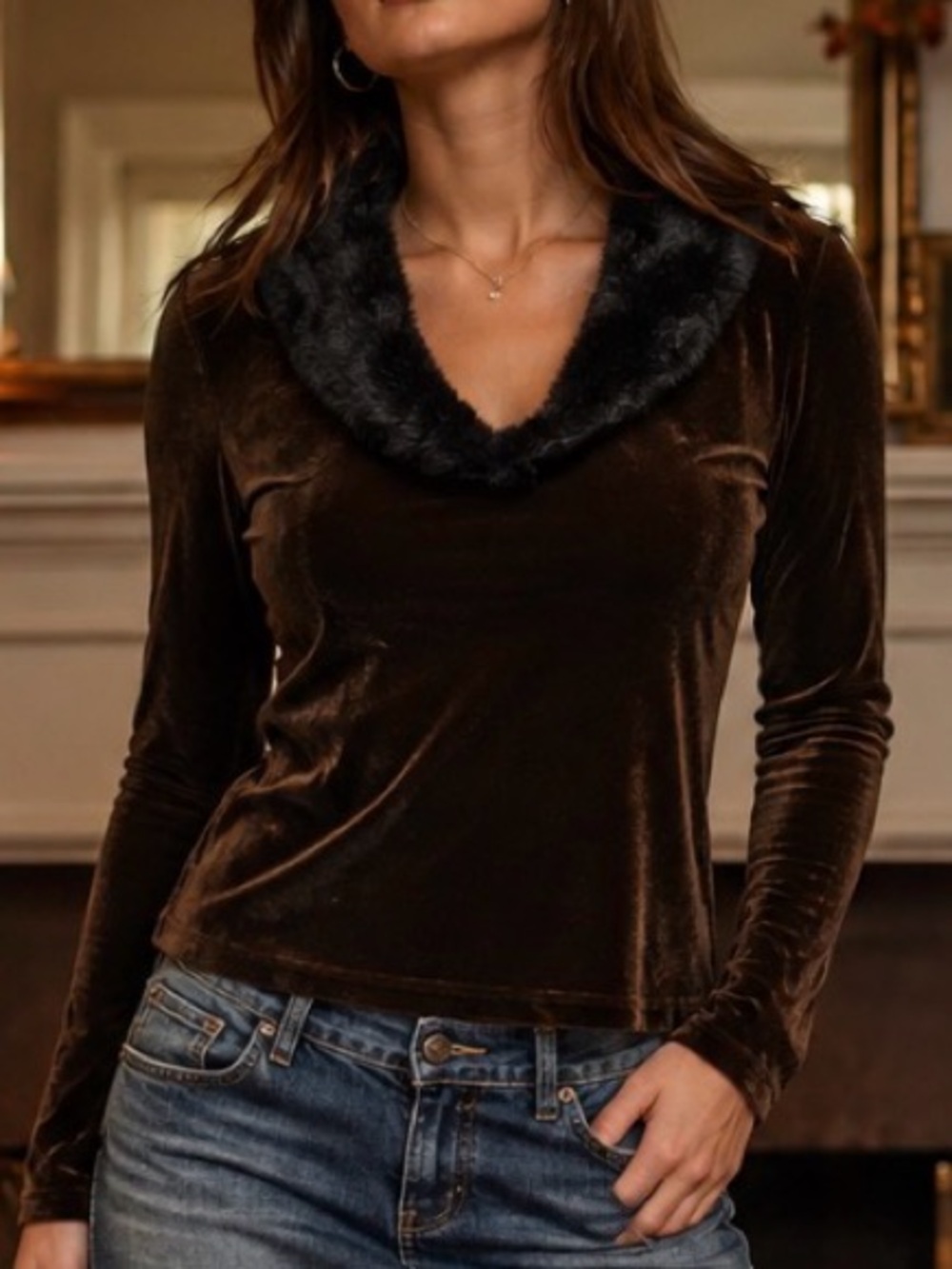 Timins Y2K Brown Velvet Top with Black Faux Fur Collar